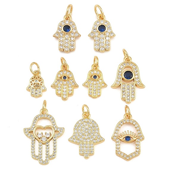 Micro latón allanan colgantes cúbicos del zirconia, encantos de mano hamsa, chapado en rack, larga duración plateado, sin plomo y cadmio, real 18 k chapado en oro