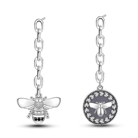 925 Sterling Silver Asymmetrical Earrings, Dangle Stud Earrings, with Cable Chain, Bee