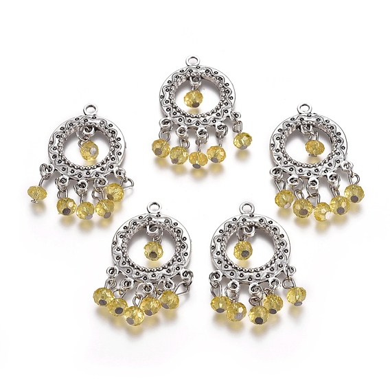 Alloy Pendants, with Faceted Glass Rondelle Beads, Ring, Antique Silver