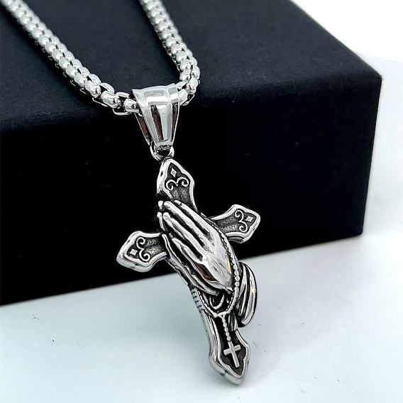 Греческий ретро-стиль 304 ожерелье из нержавеющей стали с крестом и молитвенной рукой для мужчин