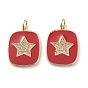 Brass Micro Pave Clear Cubic Zirconia Pendants, with Red Enamel, Long-Lasting Plated, With Jump Rings, Rectangle with Star