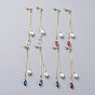Long Chain Earrings, Brass Dangle Stud Earrings, with Glass Beads and Earring Backs, Golden