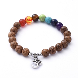 Chakra Jewelry, Stretch Charm Bracelets, with Natural Gemstone Beads, Wood Beads, Alloy Pendants and 304 Stainless Steel Beads, Ohm/Aum