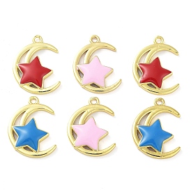 Brass Enamel Pendants, Real 18K Gold Plated, Moon with Star Charm