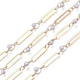 Brass Paperclip Chains, Nickel Free, with ABS Plastic Pearl, Unwelded