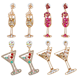 4 paires 4 styles boucles d'oreilles pendantes en verre à vin avec strass et perles en plastique, boucles d'oreilles longues en alliage