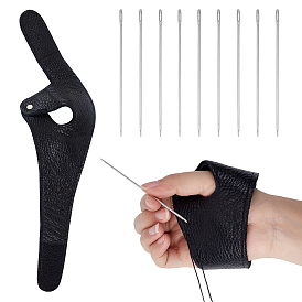 2Pcs 2 Styles Cowhide Adjustable Sewing Palm Rest, with Alloy Findings, with 1Bag 10Pcs Steel Needles