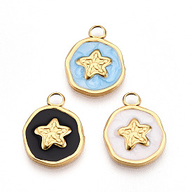 304 подвески из нержавеющей стали, с эмалью, плоский круглый со звездными подвесками, ионное покрытие (ip), реальный 18 k позолоченный