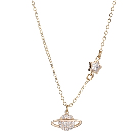 Planet Brass Cubic Zirconia Pendant Necklace, Brass Cable Chains