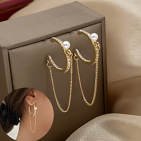 925 Silver Pearl Earrings - Stylish Design, Half Circle, Long Chain, Ear Decor.