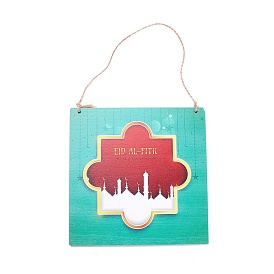 Eid Theme Density Board Wooden Wall Ornament Doorplate Pendants, Square with Jute Twine, for Home Garden Hanging Decoration
