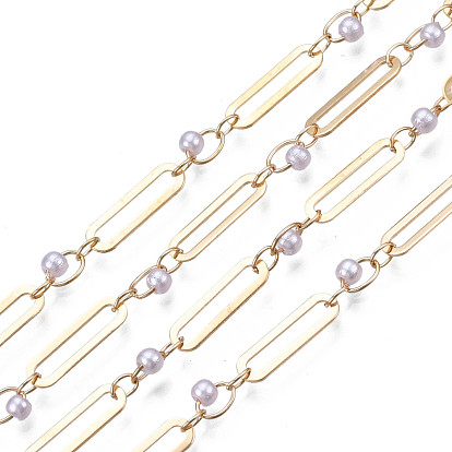 Brass Paperclip Chains, Nickel Free, with ABS Plastic Pearl, Unwelded