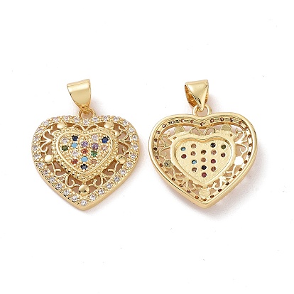 Brass Cubic Zirconia Pendants, Hollow Heart Charm