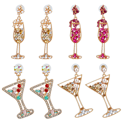 4 paires 4 styles boucles d'oreilles pendantes en verre à vin avec strass et perles en plastique, boucles d'oreilles longues en alliage