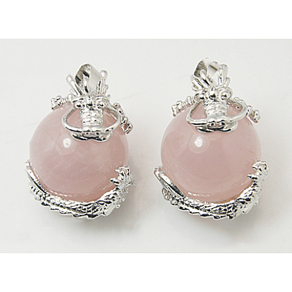 Natural Rose Quartz Pendants, with Brass Findings, Dragon with Round