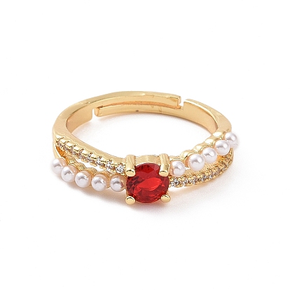 Real 18K Gold Plated Brass Micro Pave Cubic Zirconia Rings, Glass Rhinestone and Plastic Imitation Pearl Adjustable Rings for Women