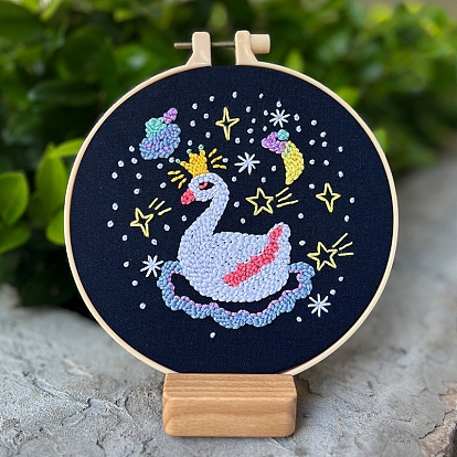 Sheep/Swan/Unicorn/Elephant/Moon/Mountain Pattern Punch Embroidery Starter Kit with Instruction Book, Embroidery Hoop, Cord and Neddle