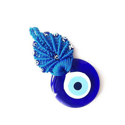 Flat Round with Evil Eye Glass Pendant Decorations, Nylon Cord Braided Hanging Ornament