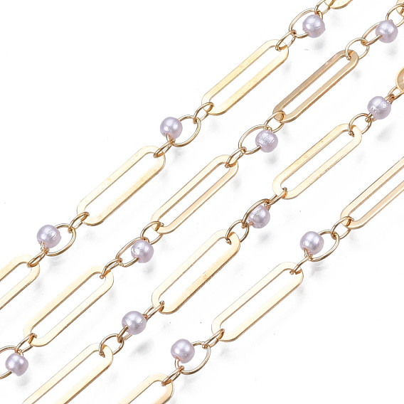 Brass Paperclip Chains, Nickel Free, with ABS Plastic Pearl, Unwelded