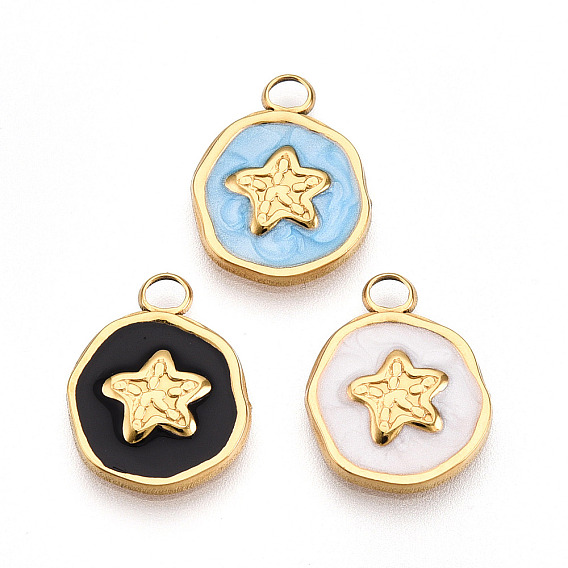 304 подвески из нержавеющей стали, с эмалью, плоский круглый со звездными подвесками, ионное покрытие (ip), реальный 18 k позолоченный