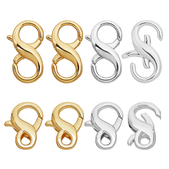 8Pcs 4 Styles Brass Double Opening Lobster Claw Clasps, for Jewelry Making Findings