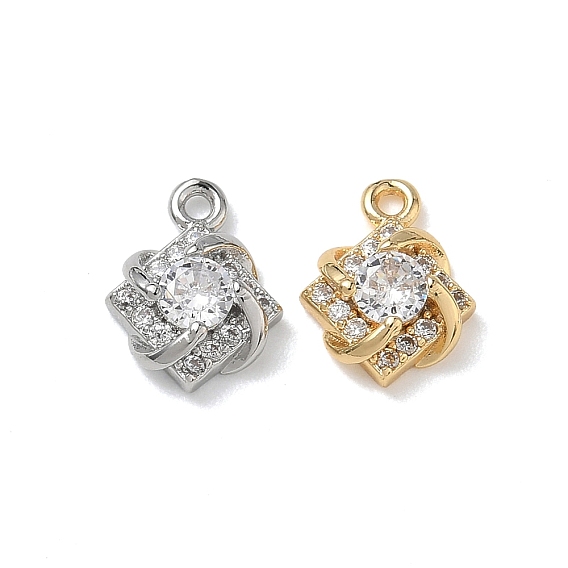 Brass Micro Pave Clear Cubic Zirconia Charms, Rhombus with Twisted Ribbon Charms