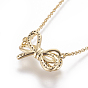 304 Stainless Steel Pendant Necklaces, with Brass Cubic Zirconia Pendants, Bowknot