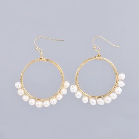 Perle d'eau douce naturelle Pendants d'oreilles, avec crochets en laiton et fil de cuivre