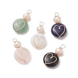 5Pcs 5 Styles Mixed Stone Pendants, Flat Round with Heart Charms, with Natural Cultured Freshwater Pearl Beads and Eco-Friendly Copper Wire Wrapped, Mixed Dyed and Undyed