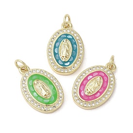 Brass Micro Pave Cubic Zirconia Pendants, with Enamel & Shell, Long-Lasting Plated, Lead Free & Cadmium Free, Real 18K Gold Plated, Oval with Virgin Mary