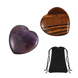 2Pcs 2 Style Heart Natural Mixed Gemstone Massage, with 1Pc Velvet Cloth Drawstring Bags