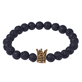 Natural Stone Crown Buddha Bead Bracelet with Micro Inlaid Zircon and Volcanic Rock