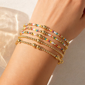 Браслеты из латуни и стеклянных бусин, эластичные, Украшения на запястье для женщин, которые можно носить в несколько рядов., круглые