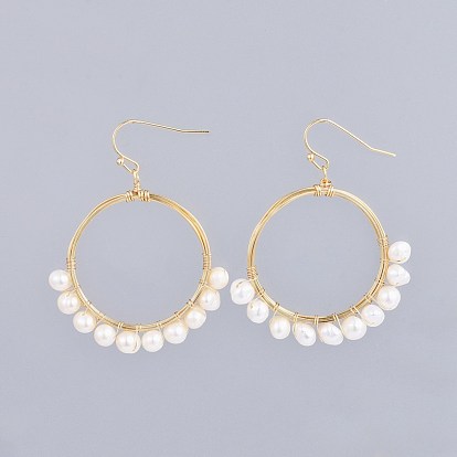 Perle d'eau douce naturelle Pendants d'oreilles, avec crochets en laiton et fil de cuivre