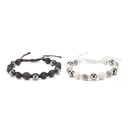Natural Lava Rock & Synthetic Hematite Braided Bead Bracelet with Rhinestone Disco Ball, Essential Oil Gemstone Jewelry for Women