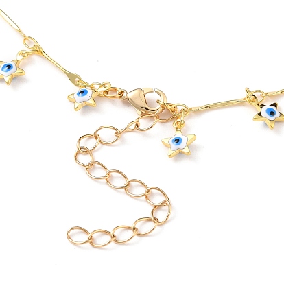 Brass Bar Link Chain Anklets, with Enameled Star with Evil Eye Charms, Real 18K Gold Plated