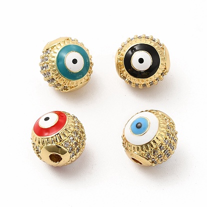 Brass Micro Pave Cubic Zirconia Beads, with Enamel Evil Eye, Round, Golden