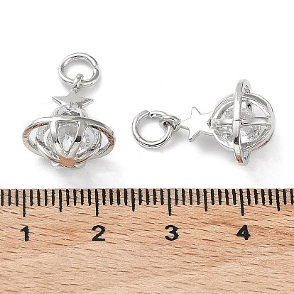 Rack Plating Brass Clear Cubic Zirconia Pendants, Long-Lasting Plated, Cadmium Free & Lead Free, with Jump Rings,  Planet