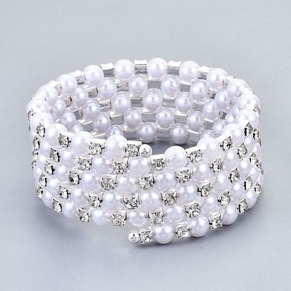 Five Loops Iron Wrap Bracelets, with Rhinestone and ABS Plastic Imitation Pearl, Platinum