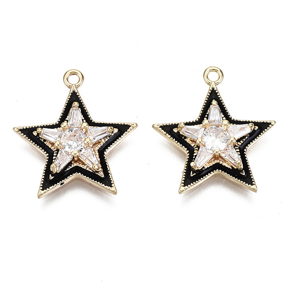 Brass Micro Pave Clear Cubic Zirconia Pendants, with Black Enamel, Nickel Free, Star