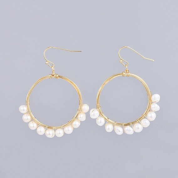 Natural Freshwater Pearl Dangle Earrings, with Brass Earring Hooks and Copper Wire