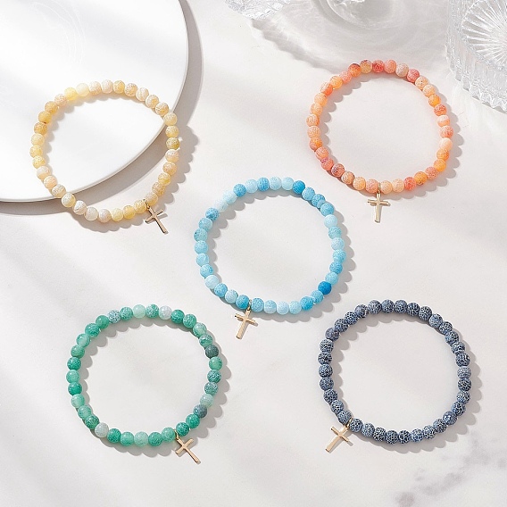 304 браслеты с подвесками в виде маленького крестика из нержавеющей стали, Натуральные браслеты из выветренного агата, эластичные, для женщин.