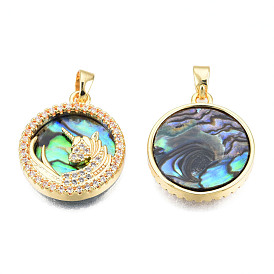 Brass Micro Pave Clear Cubic Zirconia Pendants, with Synthetic Abalone Shell/Paua Shells, Unicorn Charms, Real 18K Gold Plated, Nickel Free, Flat Round