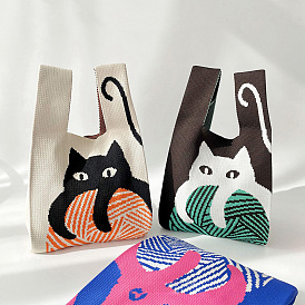 Bolsos de mano de punto con estampado de gato de poliéster, bolsos de crochet de dibujos animados para mujer