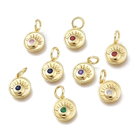 Brass Micro Pave Cubic Zirconia Charms, with Jump Rings, Flat Round with Eyes, Golden