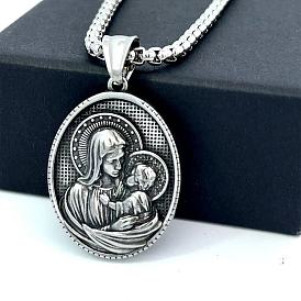 Collar ovalado de acero inoxidable con colgante de la Virgen María
