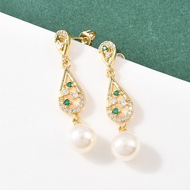 Серьги-гвоздики из латуни с микропаве и кубическим цирконием в форме каплевидной формы, с акриловой имитация жемчуга, долговечный, стойки покрытие, без кадмия и без свинца