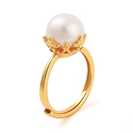 Round Natural Pearl Finger Rings, 925 Sterling Silver Adjustable Ring for Women