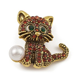 Alloy Rhinestone Brooch, with ABS Imitation Pearl, Cat