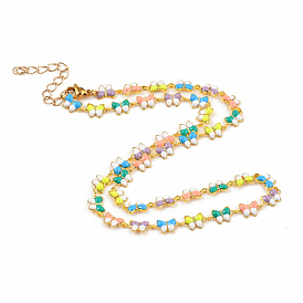 Brass Enamel Link Chain Necklaces, with 304 Stainless Steel Lobster Claw Clasps, Butterfly, Colorful